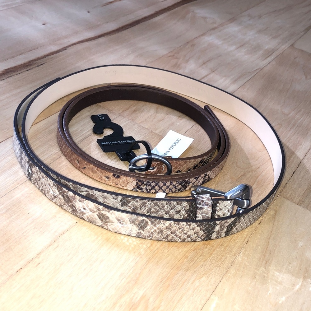 Banana Republic Skinny Brown Snake-Print Leather Belts with Silver Ring Buckle